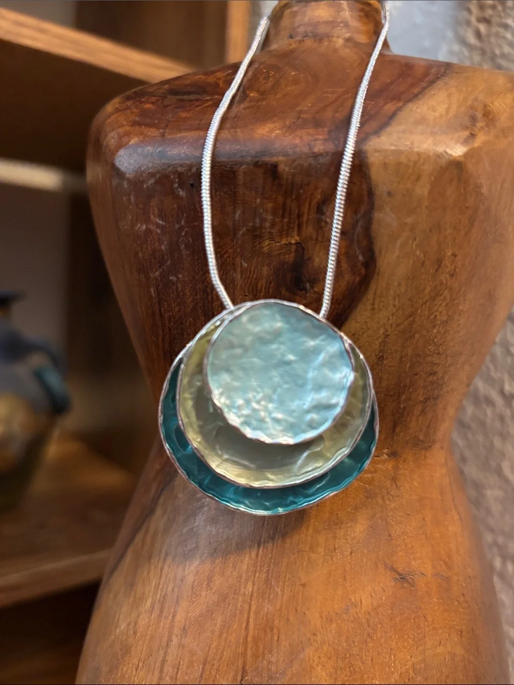 Silver Necklace with Layered Aqua and Teal Discs